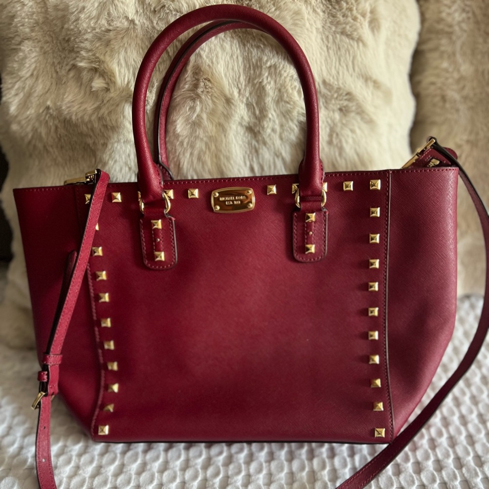 Michael Kors Crimson Tote with Gold Studs